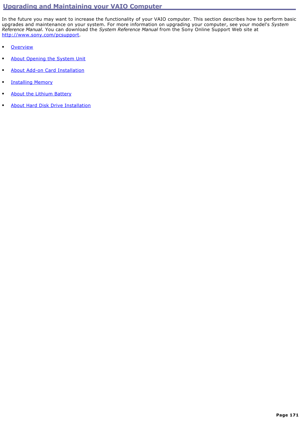 Upgrading and maintaining your vaio computer | Sony PCV-RZ50N User Manual | Page 171 / 245