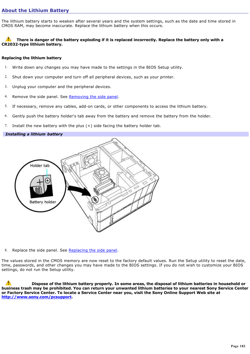 About the lithium battery | Sony PCV-RZ50N User Manual | Page 182 / 245