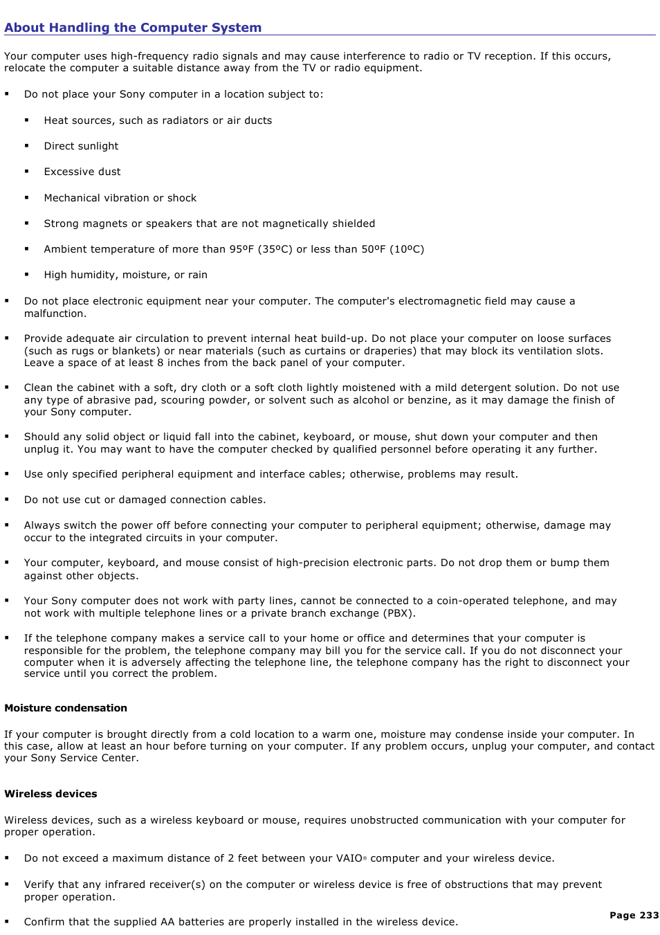 About handling the computer system | Sony PCV-RZ50N User Manual | Page 233 / 245