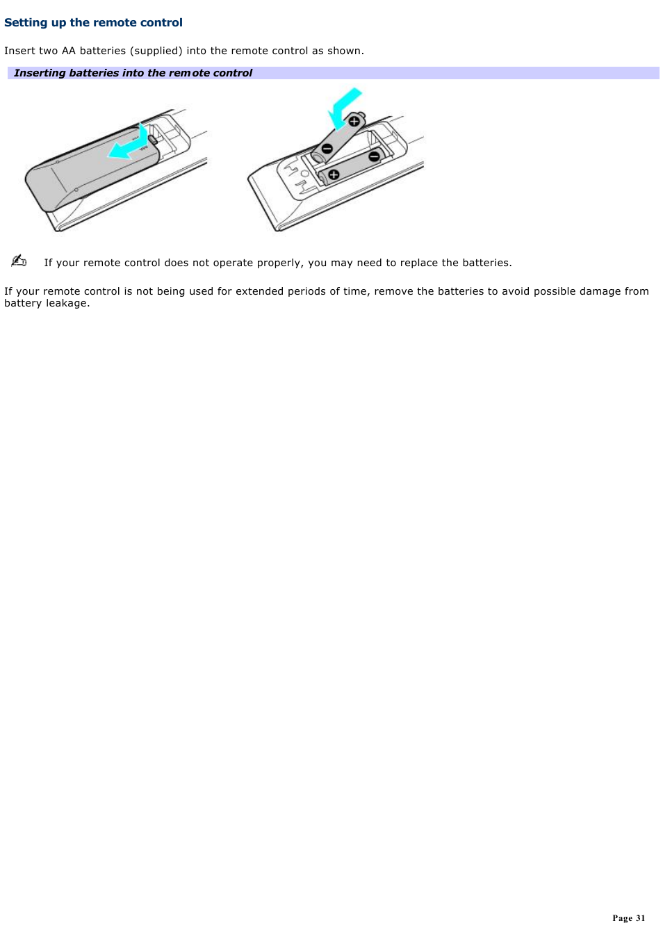 Setting up the remote control | Sony PCV-RZ50N User Manual | Page 31 / 245