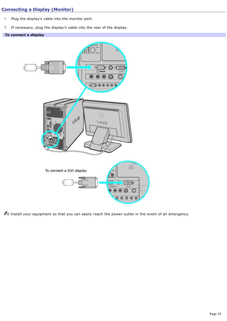 Connecting a display (monitor) | Sony PCV-RZ50N User Manual | Page 33 / 245