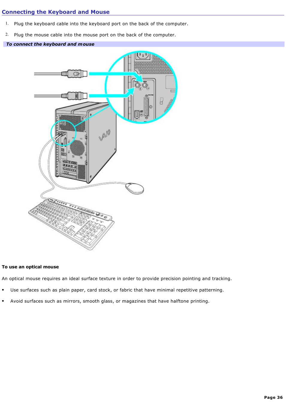 Connecting the keyboard and mouse | Sony PCV-RZ50N User Manual | Page 36 / 245