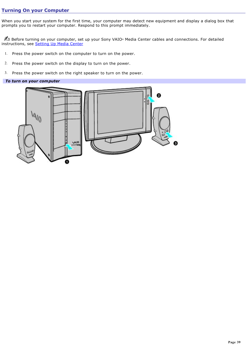 Turning on your computer | Sony PCV-RZ50N User Manual | Page 39 / 245