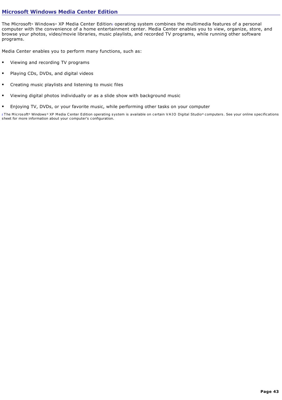 Microsoft windows media center edition | Sony PCV-RZ50N User Manual | Page 43 / 245