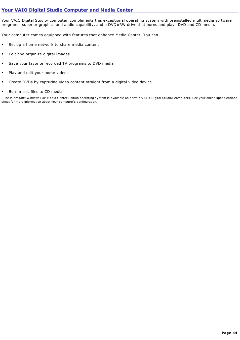Your vaio digital studio computer and media center | Sony PCV-RZ50N User Manual | Page 44 / 245