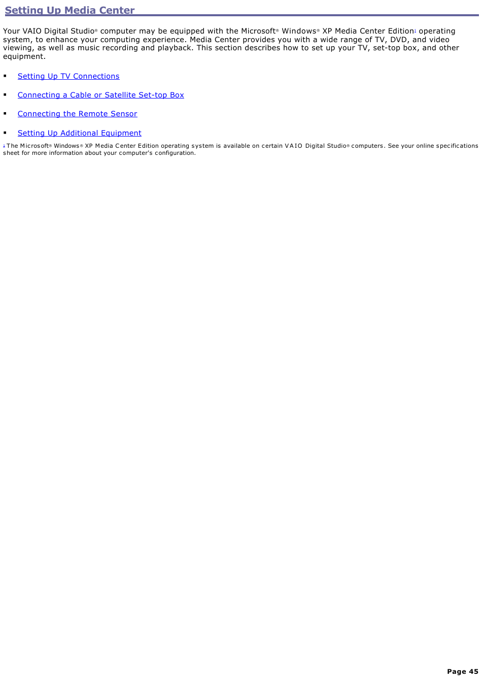 Setting up media center | Sony PCV-RZ50N User Manual | Page 45 / 245