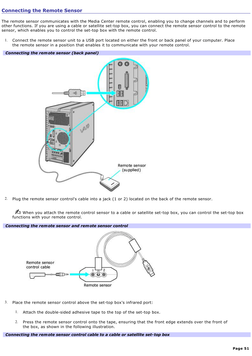 Connecting the remote sensor | Sony PCV-RZ50N User Manual | Page 51 / 245