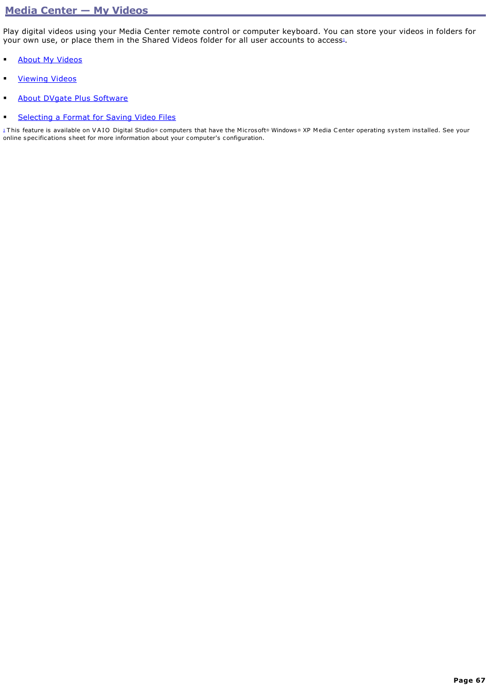 Media center — my videos, Media center — my videos | Sony PCV-RZ50N User Manual | Page 67 / 245