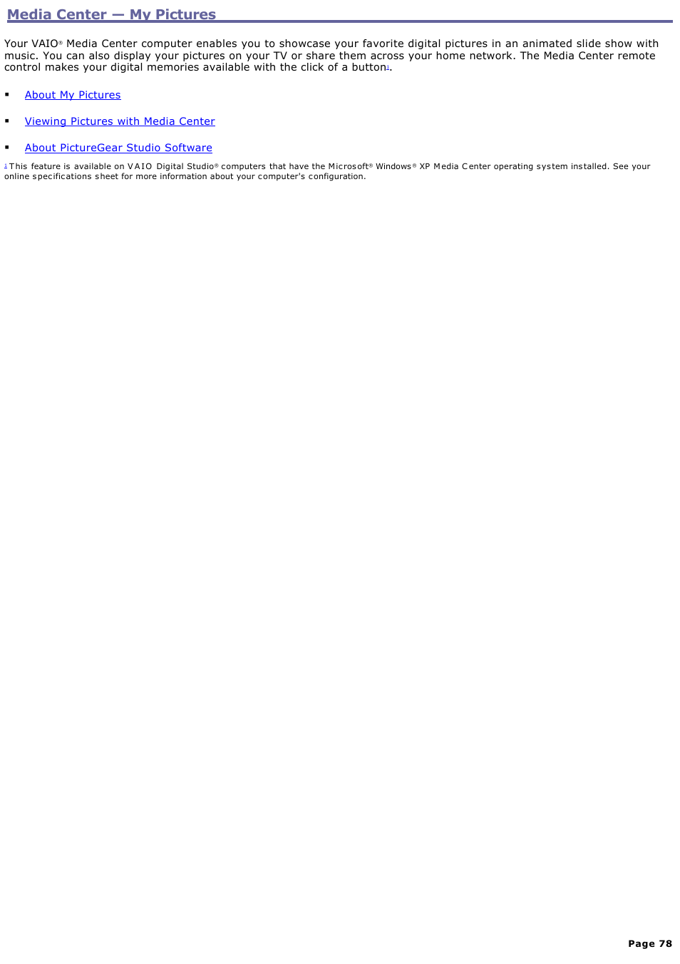 Media center — my pictures, Media center — my pictures | Sony PCV-RZ50N User Manual | Page 78 / 245