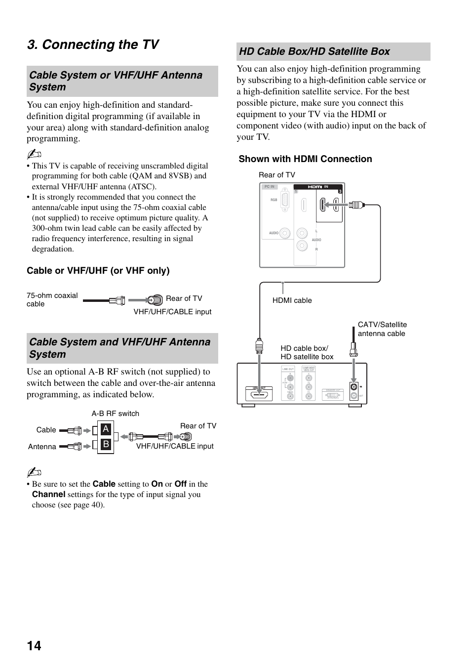 Connecting the tv, Cable system or vhf/uhf antenna system, Cable system and vhf/uhf antenna system | Hd cable box/hd satellite box, Cable system or vhf/uhf antenna, System, Cable system and vhf/uhf antenna, 14 3. connecting the tv, Shown with hdmi connection | Sony KDL-40W3000 User Manual | Page 14 / 56