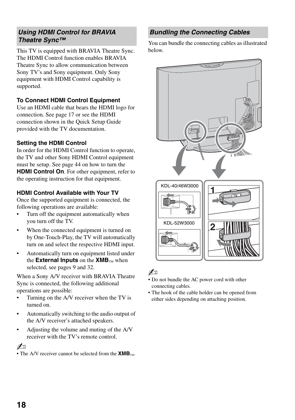 Using hdmi control for bravia theatre sync, Bundling the connecting cables, Using hdmi control for bravia theatre | Sync | Sony KDL-40W3000 User Manual | Page 18 / 56