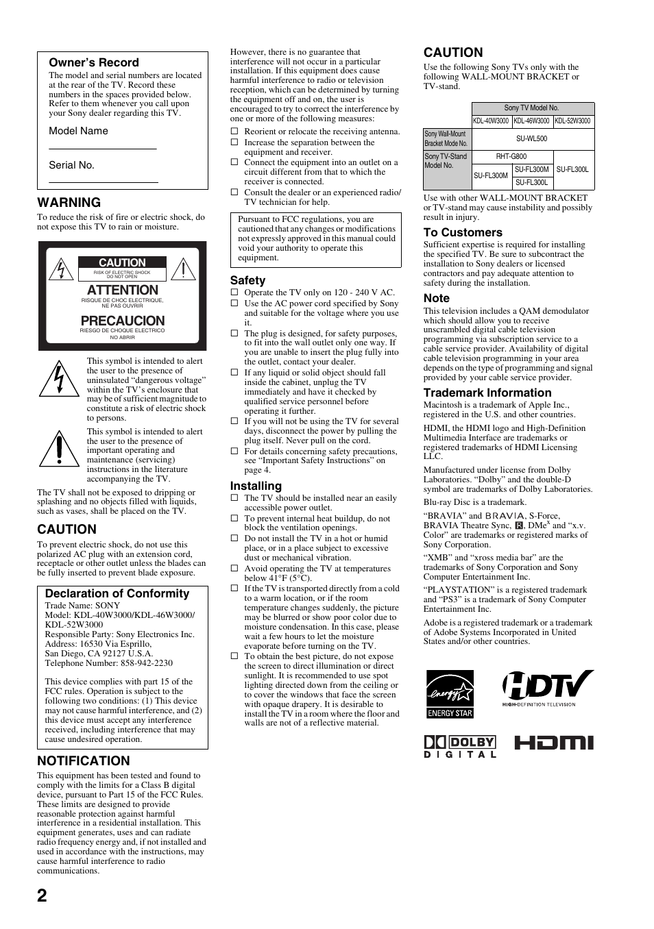 Warning, Caution, Notification | Attention, Precaucion, Safety, Installing, Trademark information, Owner’s record, Declaration of conformity | Sony KDL-40W3000 User Manual | Page 2 / 56