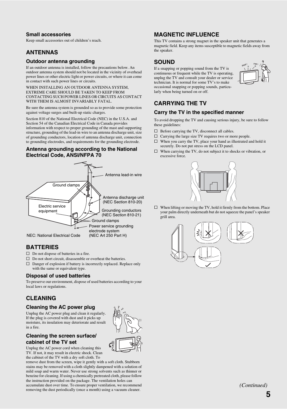 Antennas, Batteries, Cleaning | Magnetic influence, Sound, Carrying the tv, Continued) | Sony KDL-40W3000 User Manual | Page 5 / 56
