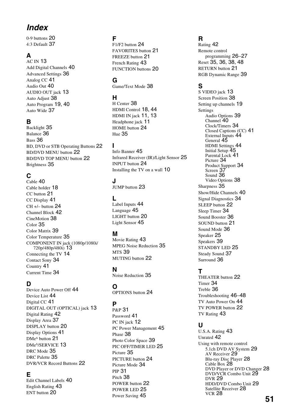 Index, 51 index | Sony KDL-40W3000 User Manual | Page 51 / 56