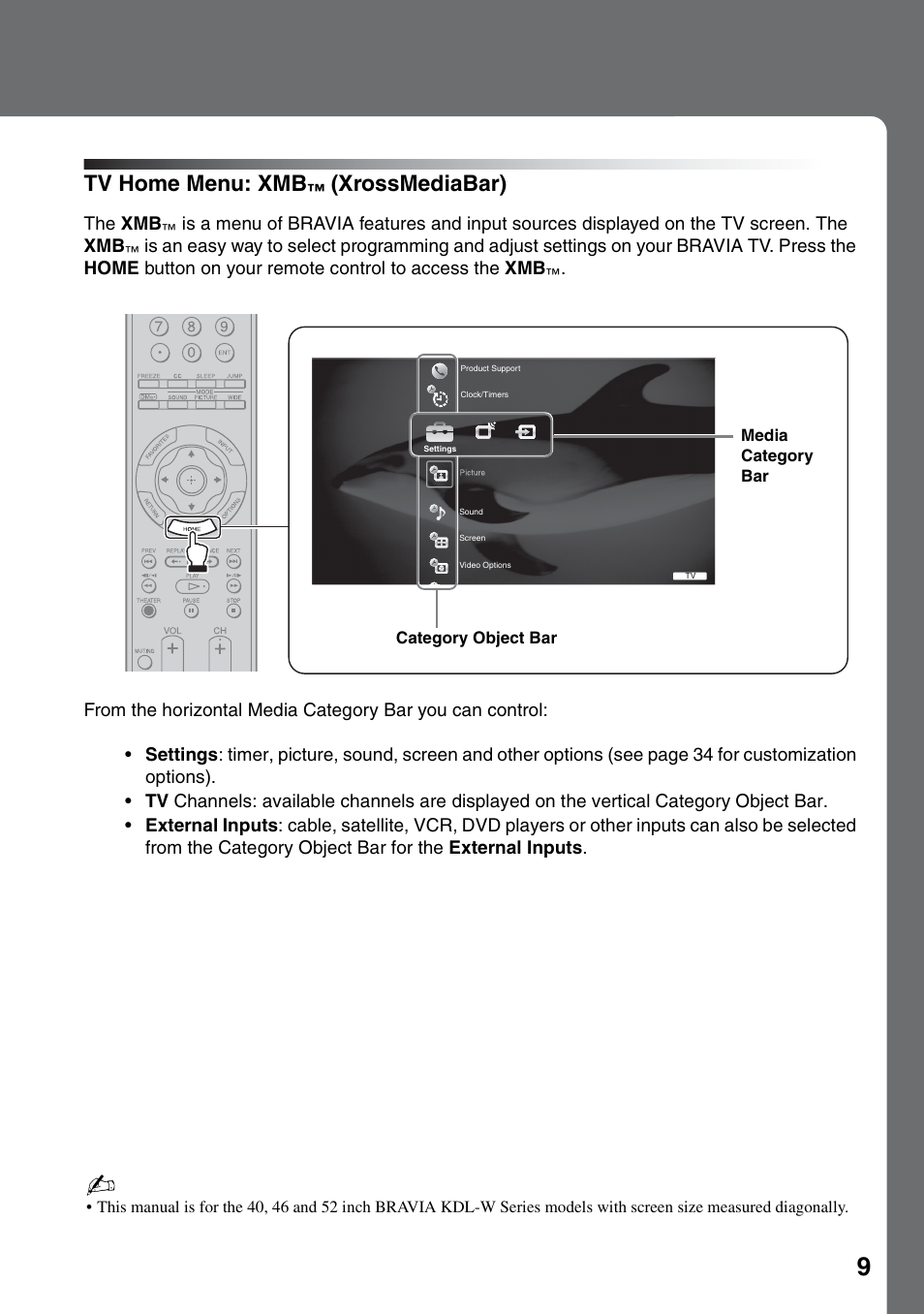 Tv home menu: xmb™ (xrossmediabar), Tv home menu: xmb, Xrossmediabar) | Sony KDL-40W3000 User Manual | Page 9 / 56