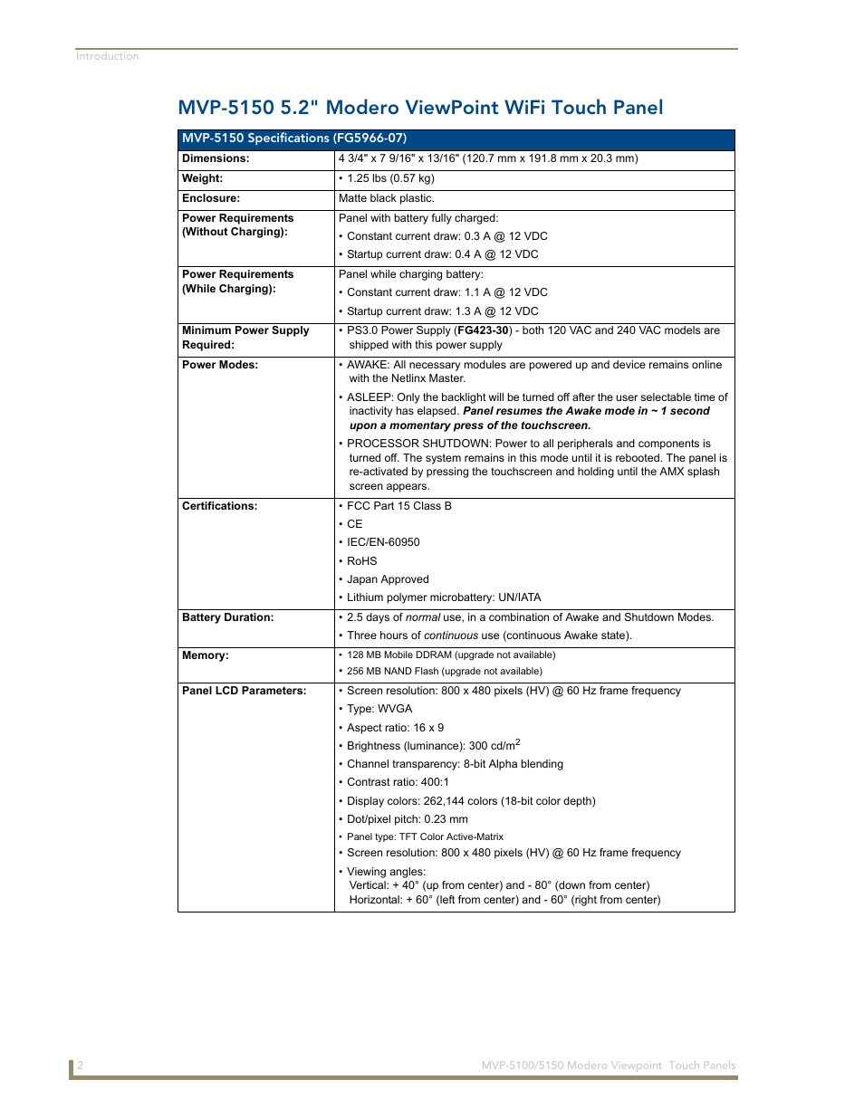 Mvp-5150 5.2" modero viewpoint wifi touch panel | AMX MVP-5100 User Manual | Page 10 / 176