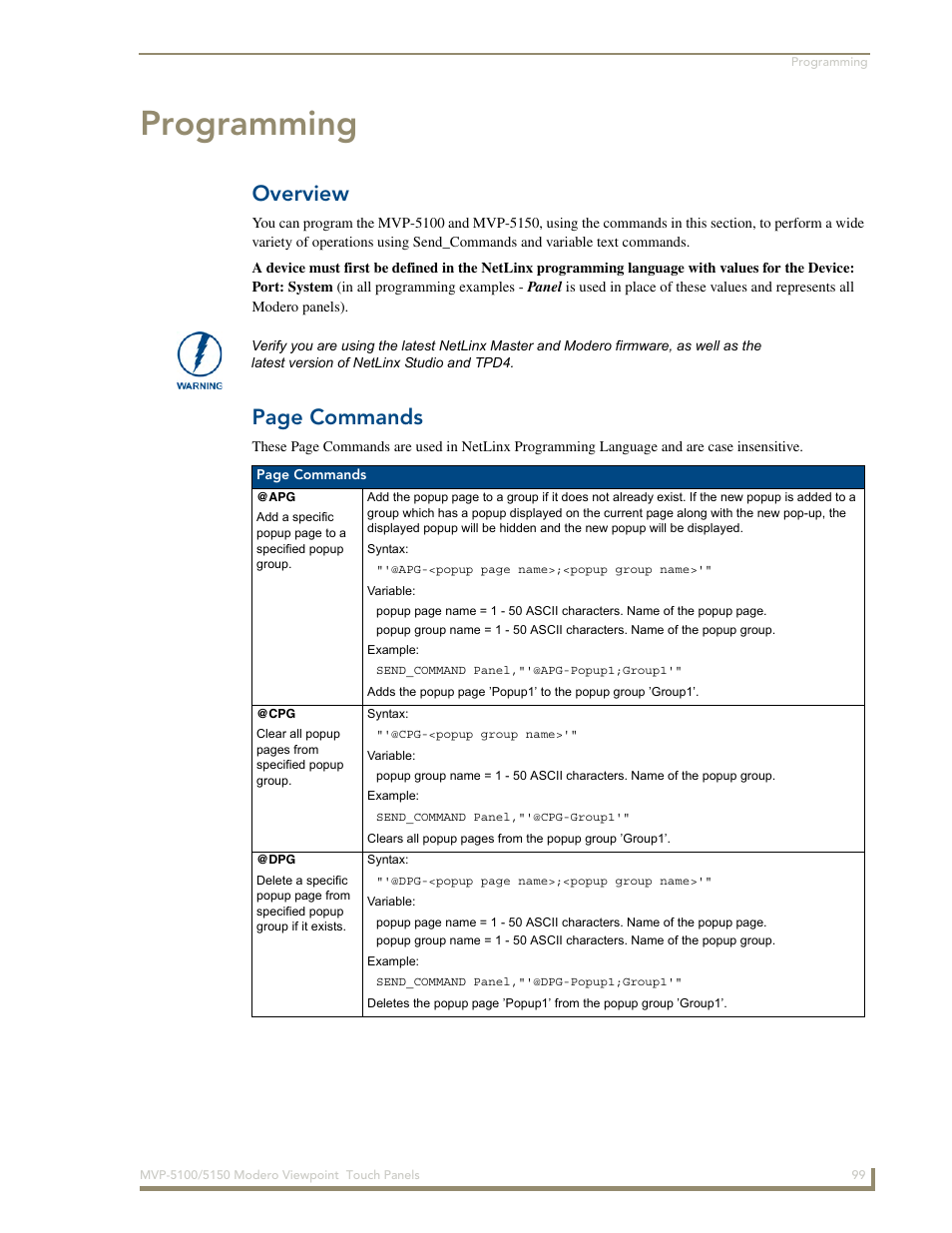 Programming, Overview, Page commands | AMX MVP-5100 User Manual | Page 107 / 176