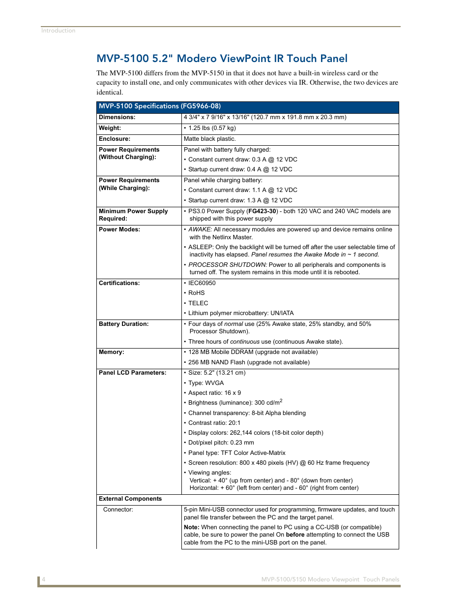 Mvp-5100 5.2" modero viewpoint ir touch panel | AMX MVP-5100 User Manual | Page 12 / 176