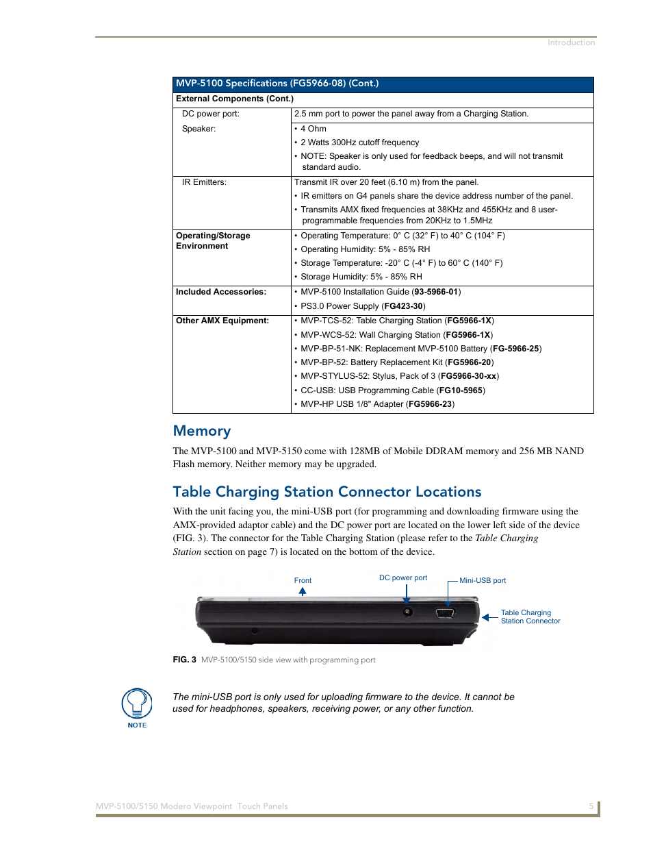 Memory, Table charging station connector locations | AMX MVP-5100 User Manual | Page 13 / 176