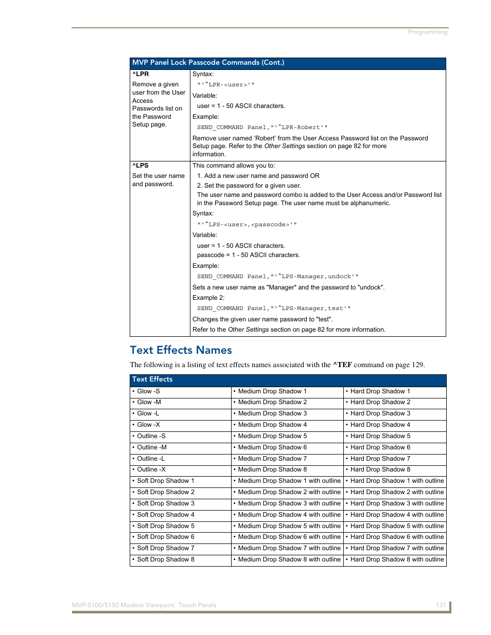 Text effects names | AMX MVP-5100 User Manual | Page 139 / 176