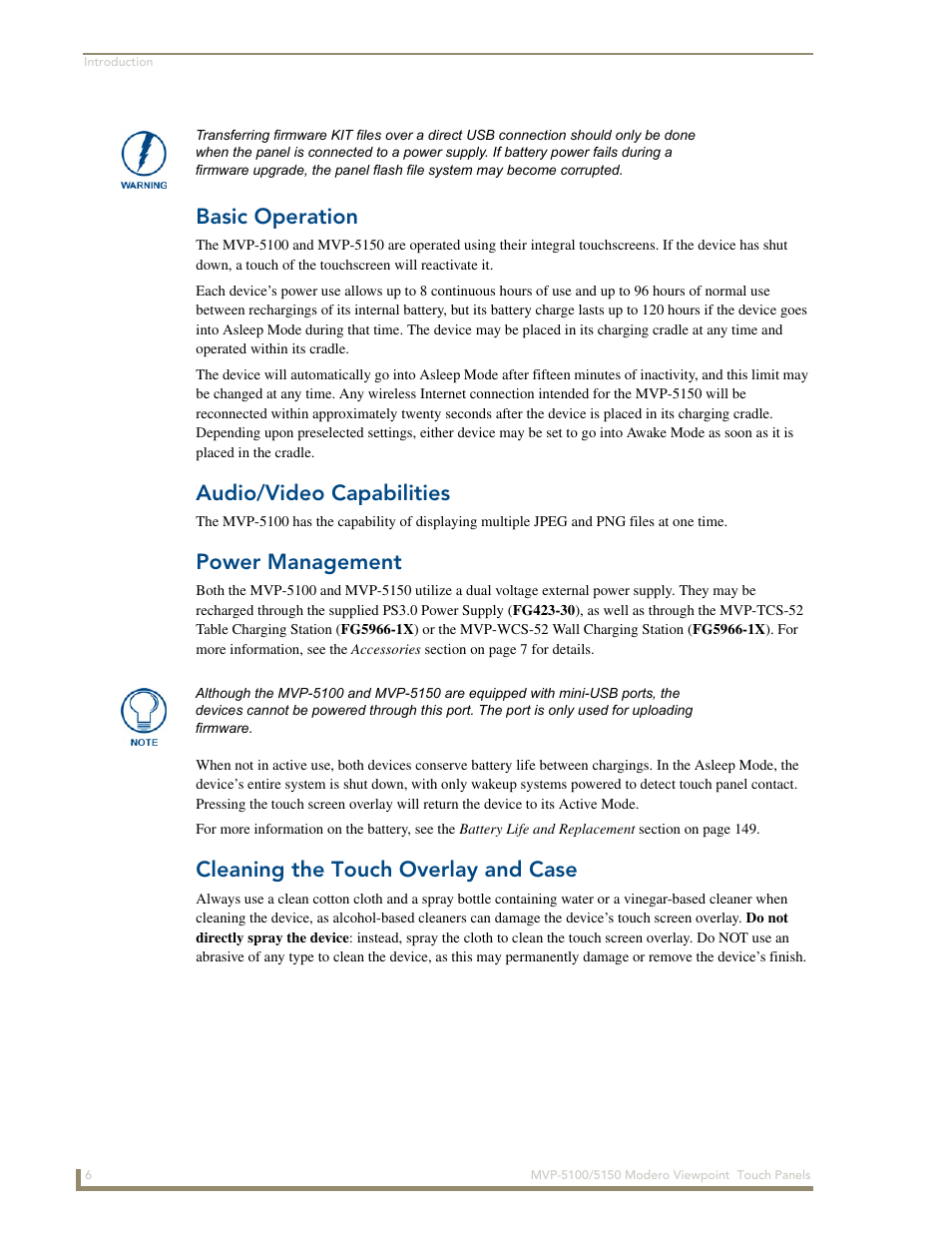 Basic operation, Audio/video capabilities, Power management | Cleaning the touch overlay and case | AMX MVP-5100 User Manual | Page 14 / 176