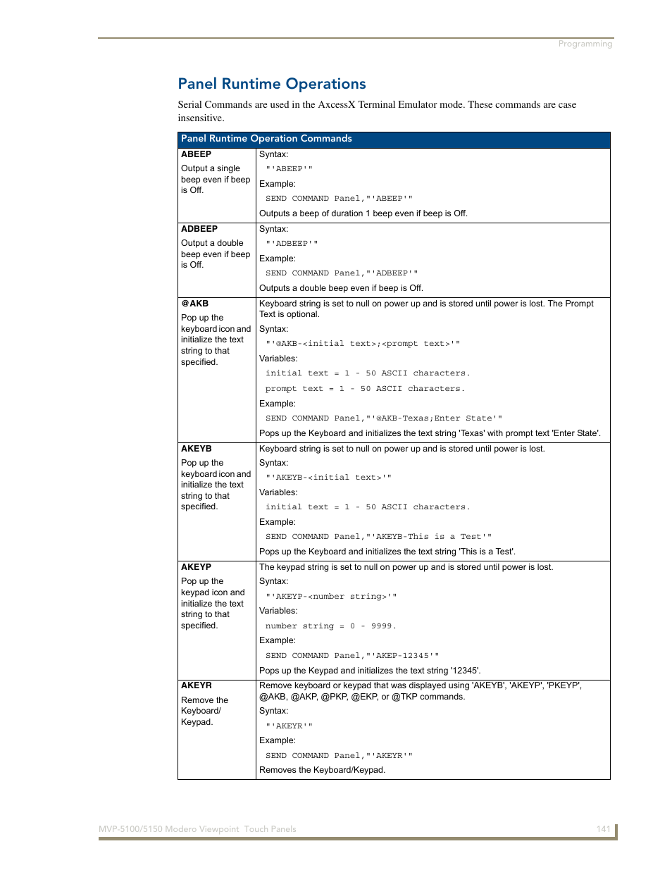 Panel runtime operations | AMX MVP-5100 User Manual | Page 149 / 176