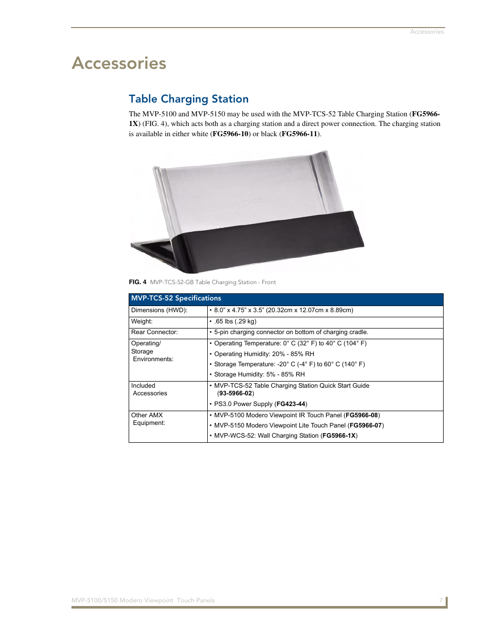 Accessories, Table charging station | AMX MVP-5100 User Manual | Page 15 / 176