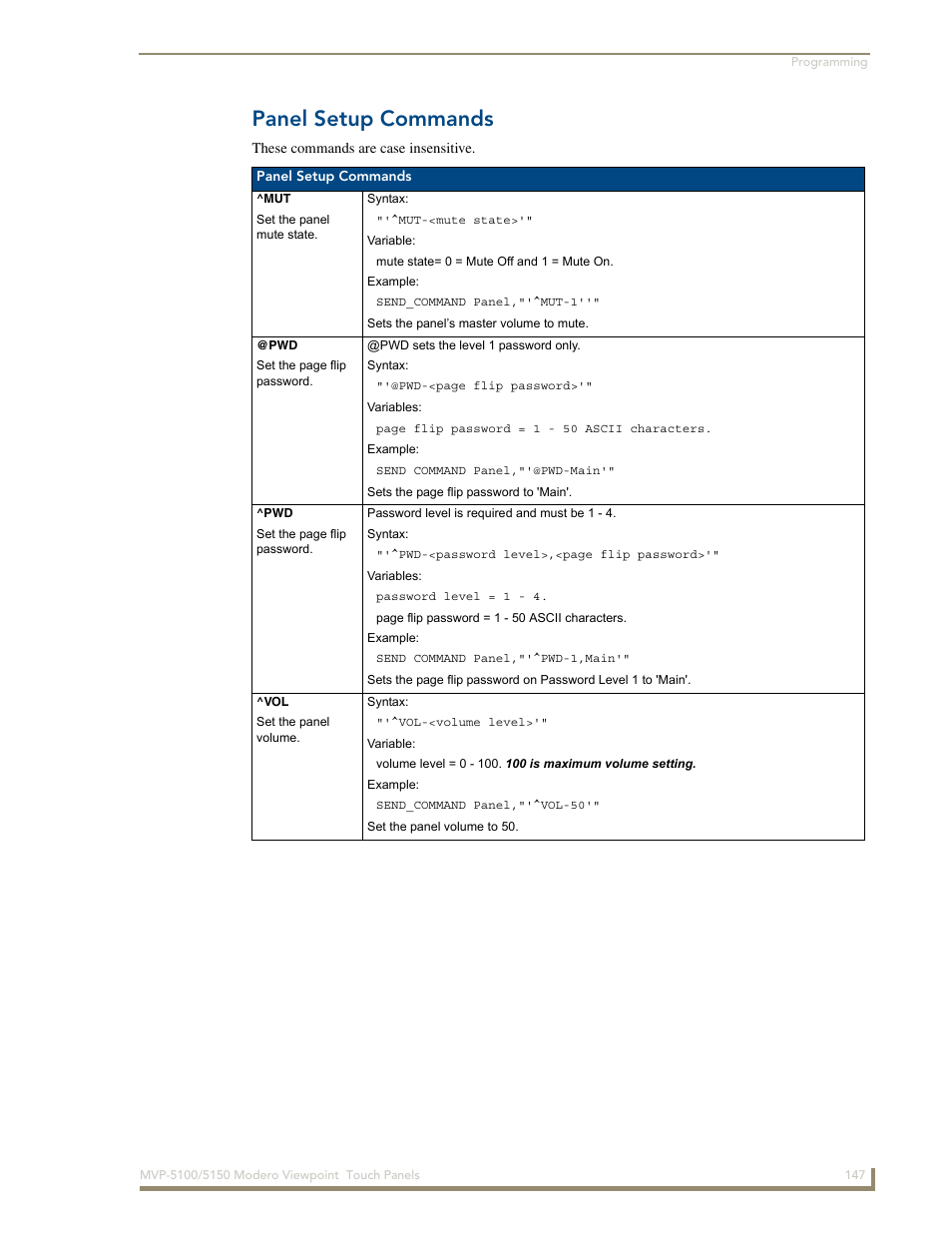 Panel setup commands | AMX MVP-5100 User Manual | Page 155 / 176