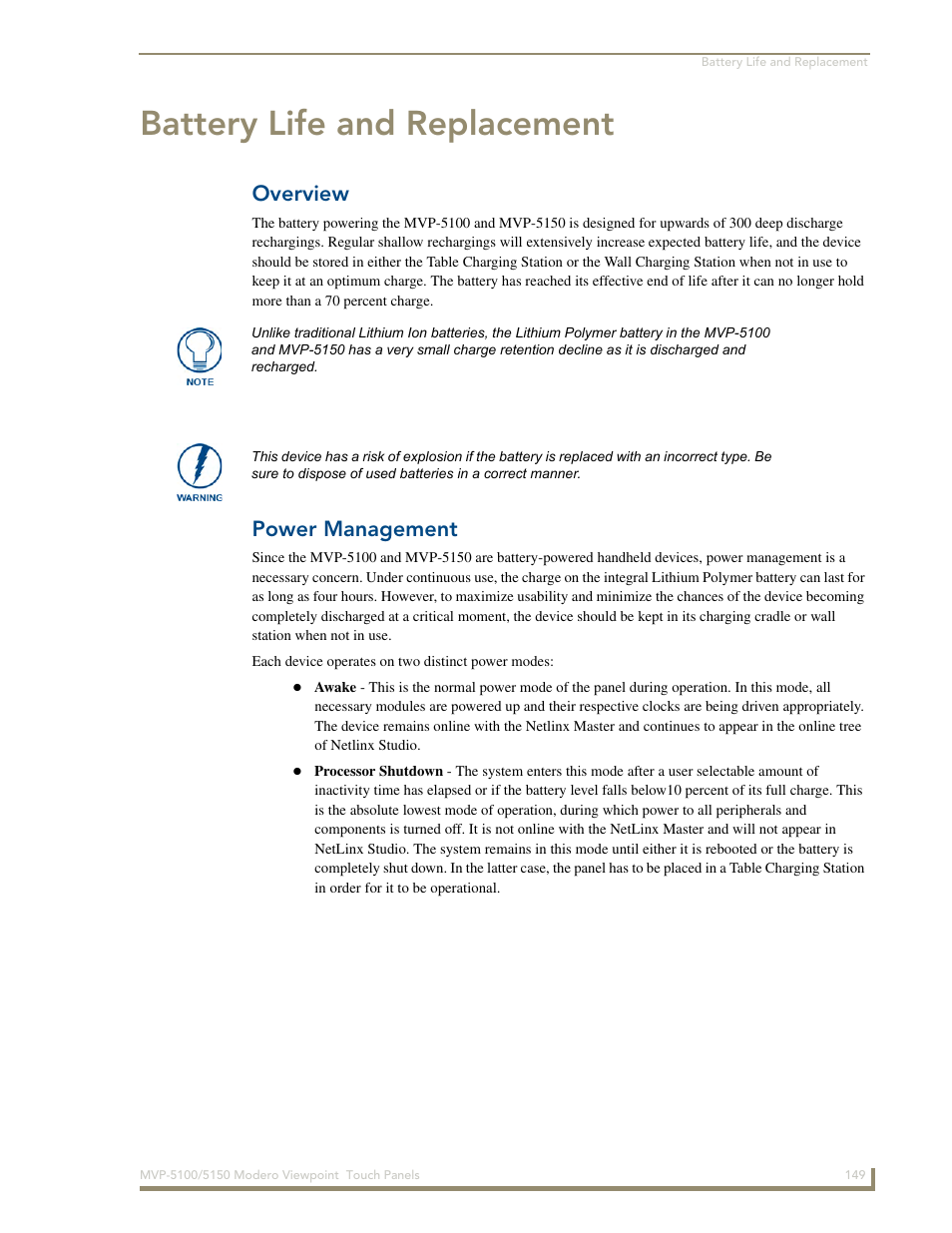 Battery life and replacement, Overview, Power management | AMX MVP-5100 User Manual | Page 157 / 176