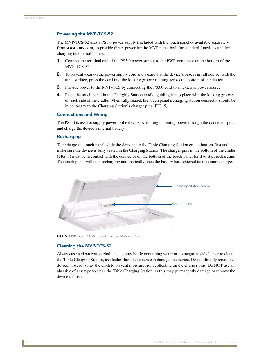 Powering the mvp-tcs-52, Connections and wiring, Recharging | Cleaning the mvp-tcs-52 | AMX MVP-5100 User Manual | Page 16 / 176