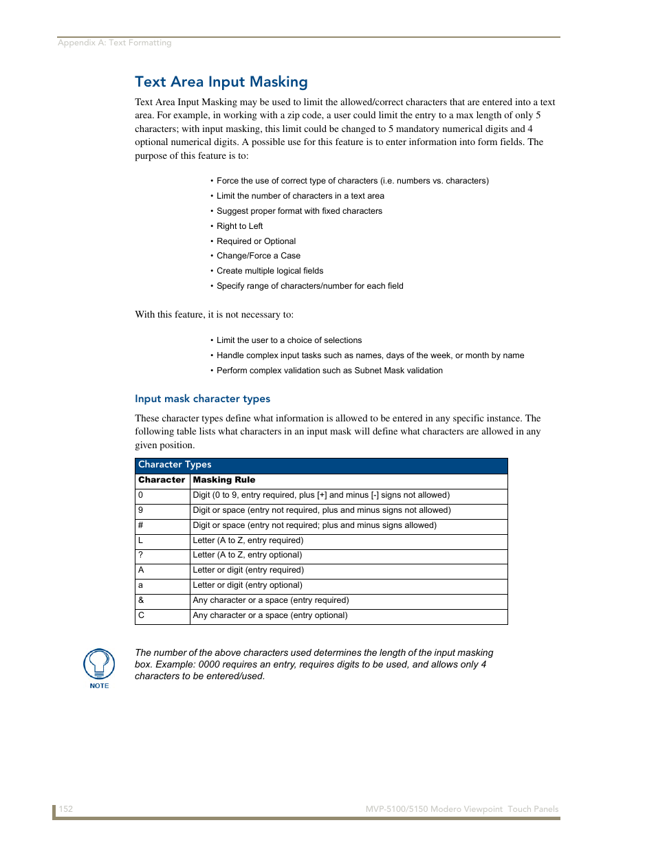 Text area input masking, Input mask character types | AMX MVP-5100 User Manual | Page 160 / 176