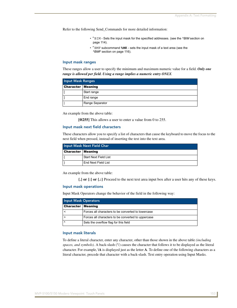 Input mask ranges, Input mask next field characters, Input mask operations | Input mask literals | AMX MVP-5100 User Manual | Page 161 / 176