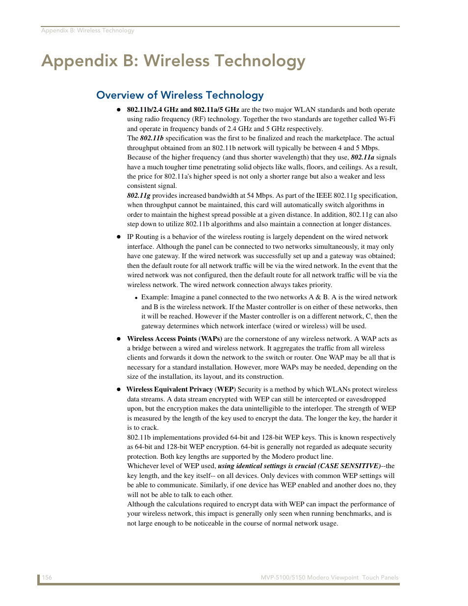 Appendix b: wireless technology, Overview of wireless technology | AMX MVP-5100 User Manual | Page 164 / 176