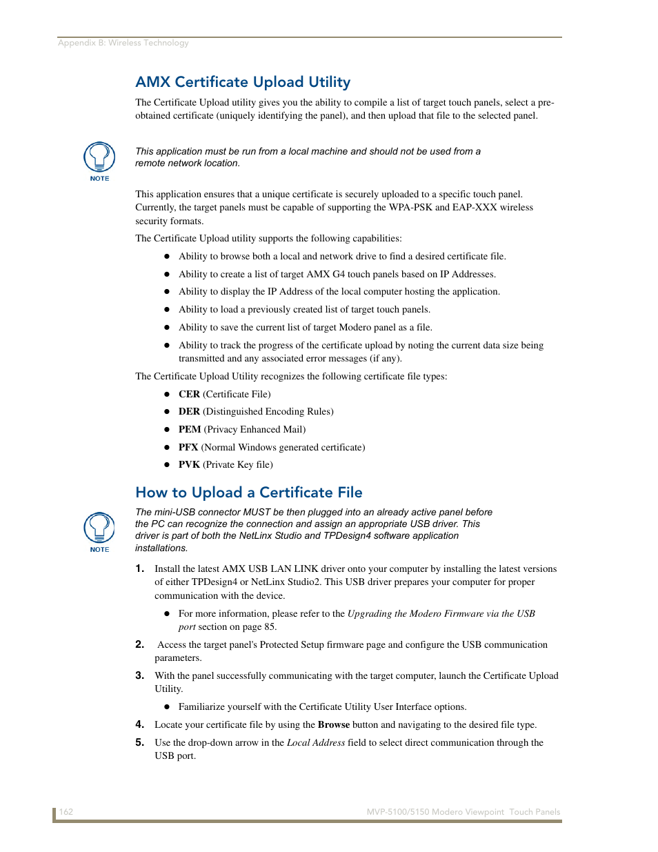 Amx certificate upload utility, How to upload a certificate file, The amx certificate | Amx certificate | AMX MVP-5100 User Manual | Page 170 / 176