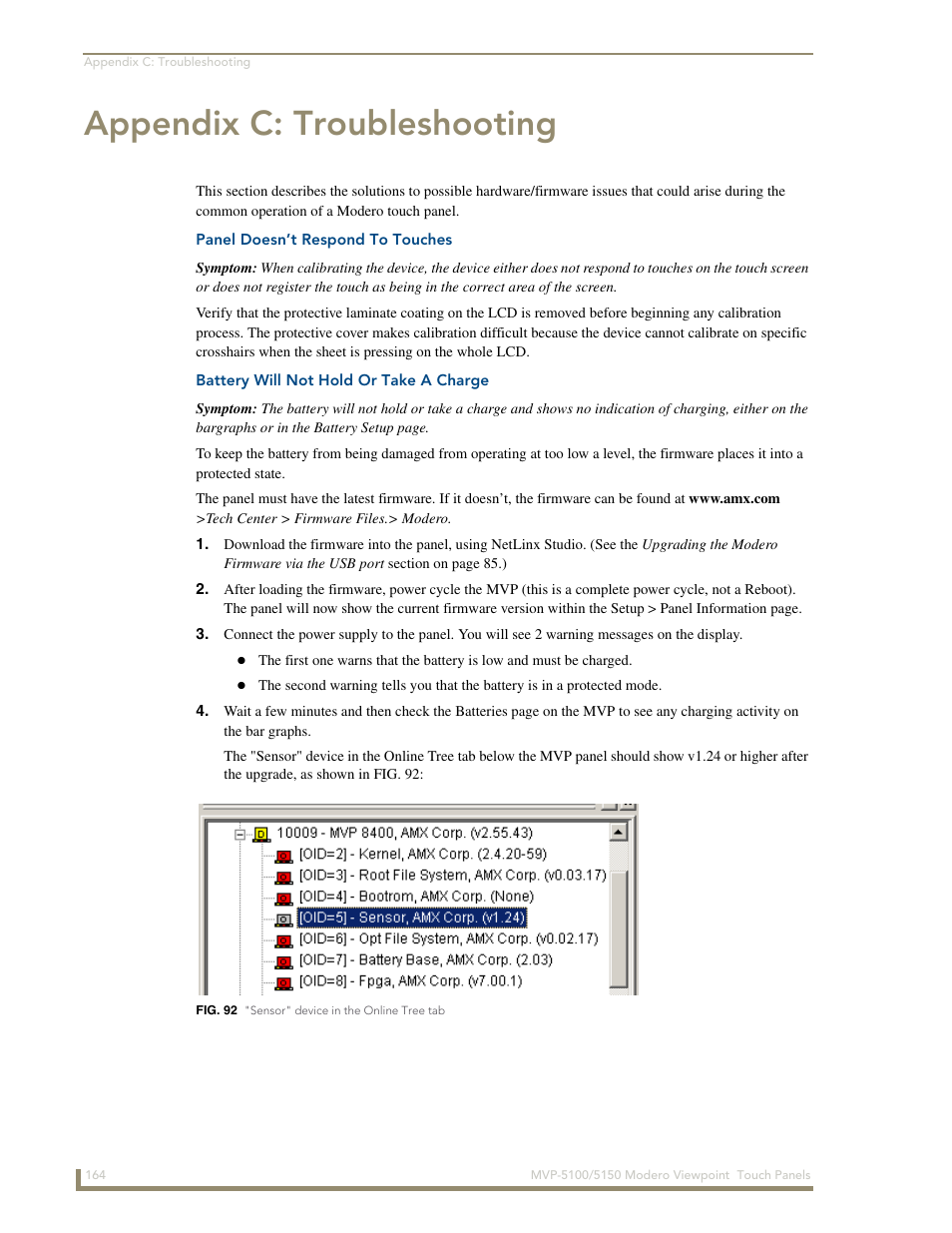 Appendix c: troubleshooting, Panel doesn’t respond to touches, Battery will not hold or take a charge | AMX MVP-5100 User Manual | Page 172 / 176