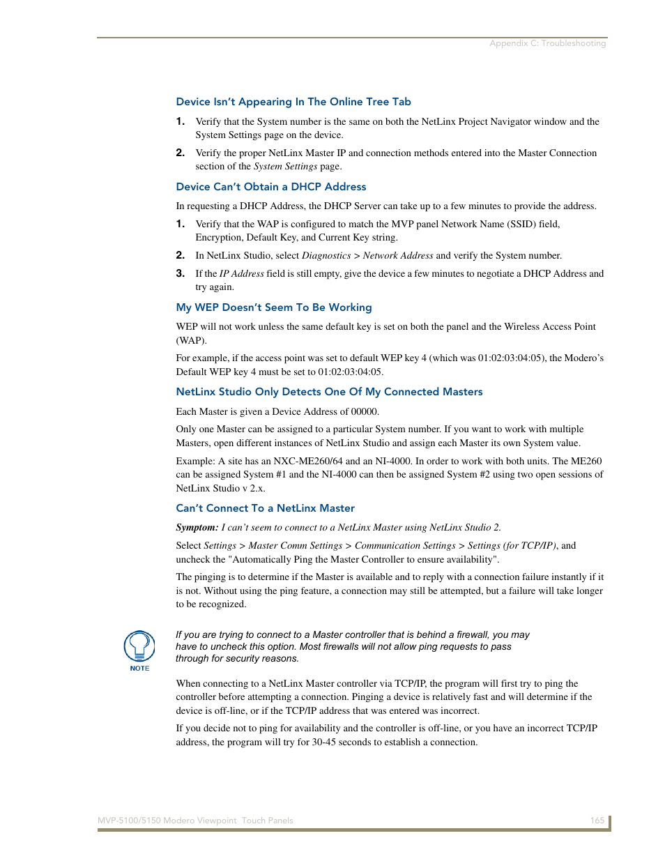 Device isn’t appearing in the online tree tab, Device can’t obtain a dhcp address, My wep doesn’t seem to be working | Can’t connect to a netlinx master | AMX MVP-5100 User Manual | Page 173 / 176