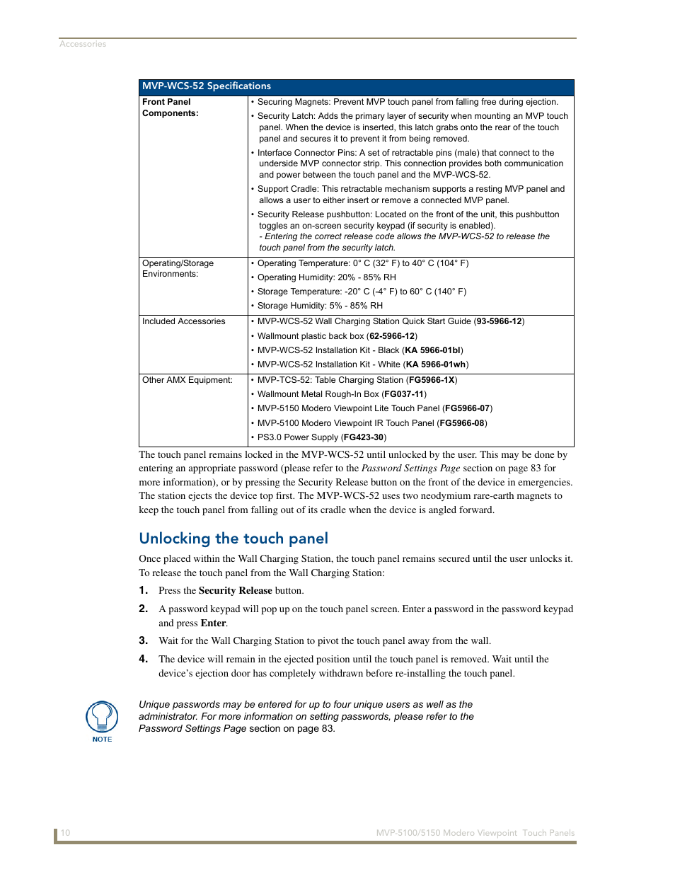 Unlocking the touch panel | AMX MVP-5100 User Manual | Page 18 / 176