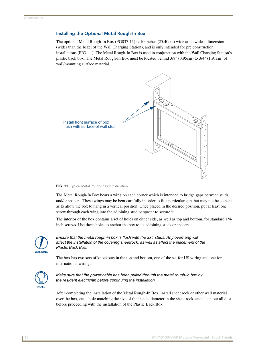 Installing the optional metal rough-in box | AMX MVP-5100 User Manual | Page 24 / 176