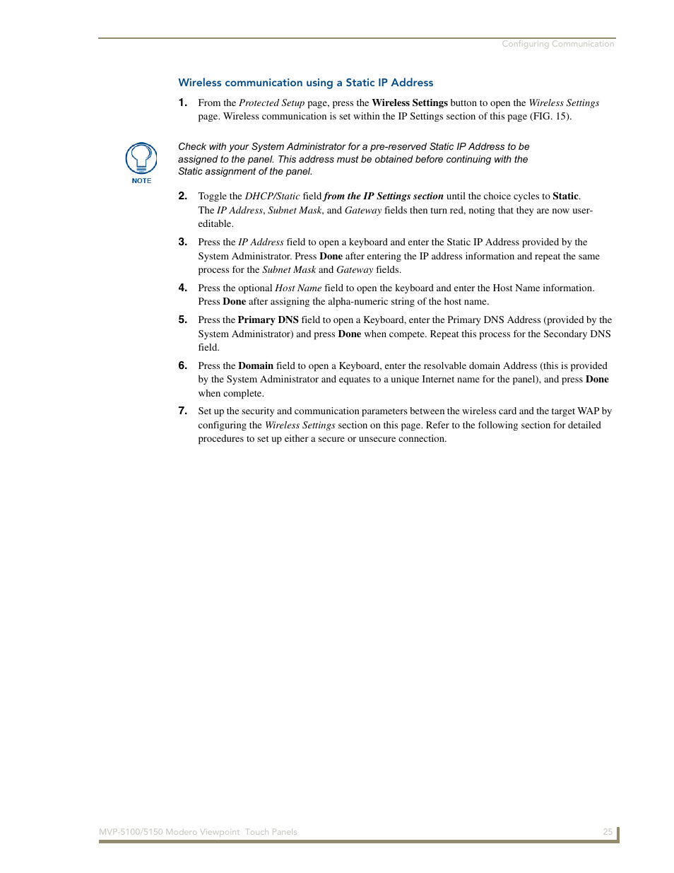 Wireless communication using a static ip address | AMX MVP-5100 User Manual | Page 33 / 176