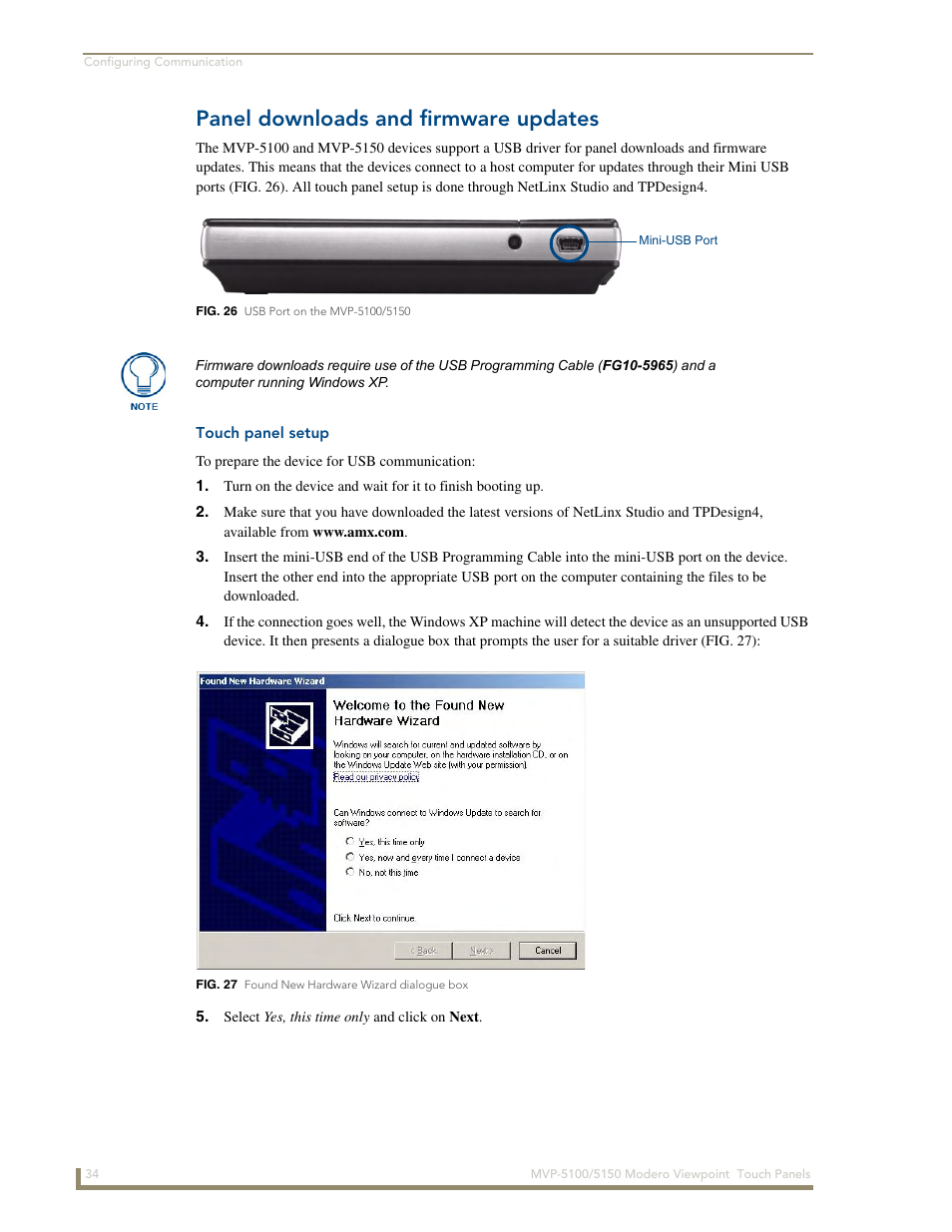 Panel downloads and firmware updates, Touch panel setup | AMX MVP-5100 User Manual | Page 42 / 176