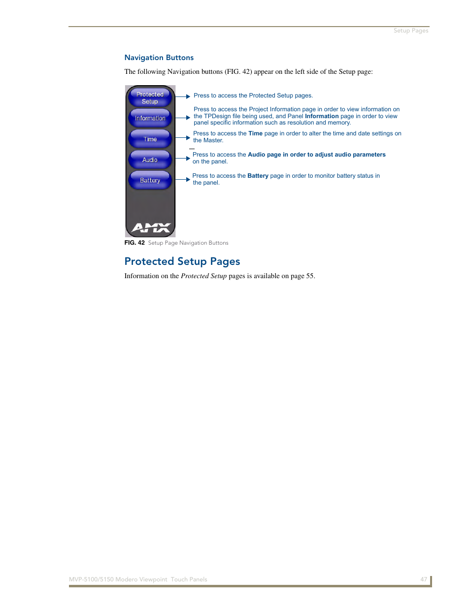 Navigation buttons, Protected setup pages | AMX MVP-5100 User Manual | Page 55 / 176