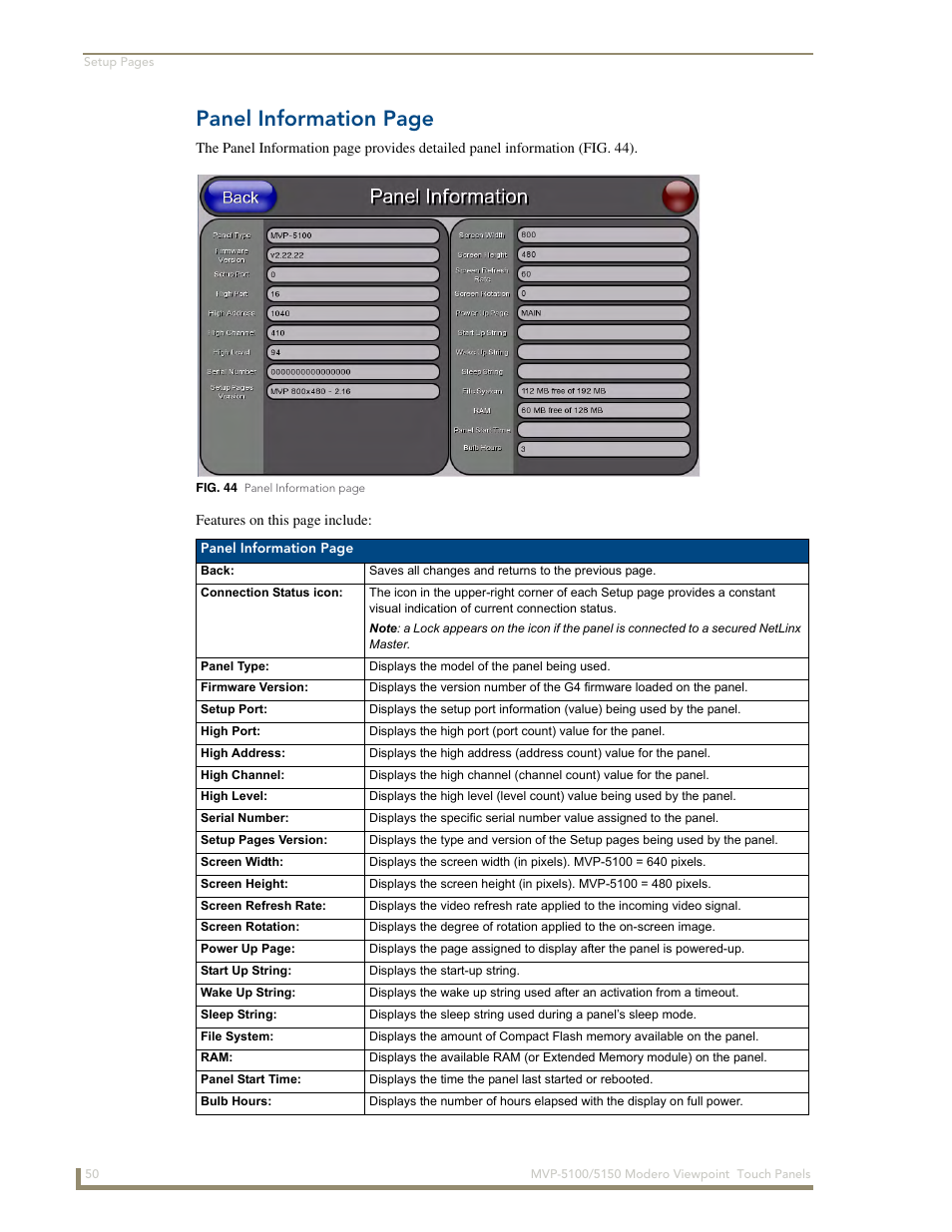 Panel information page | AMX MVP-5100 User Manual | Page 58 / 176