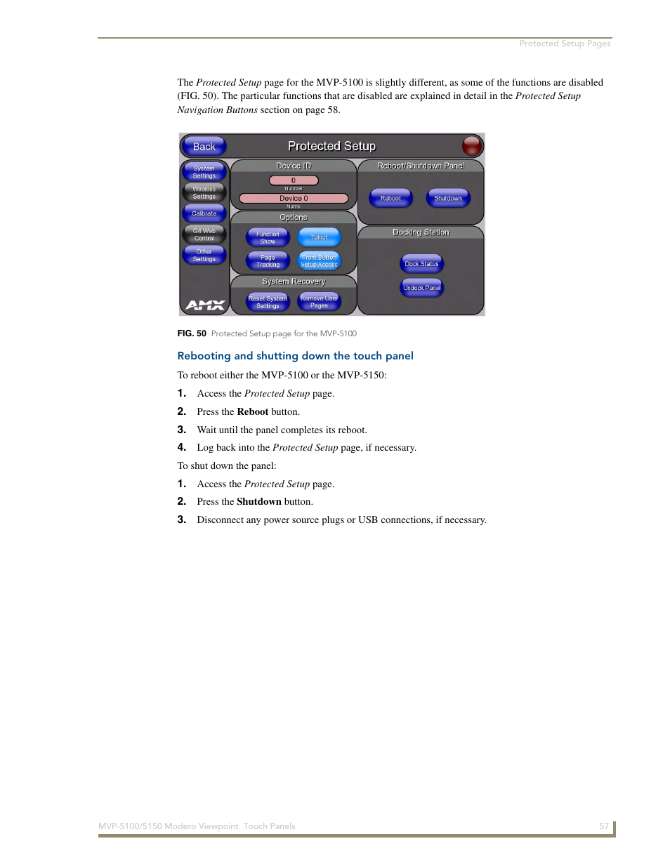 Rebooting and shutting down the touch panel | AMX MVP-5100 User Manual | Page 65 / 176