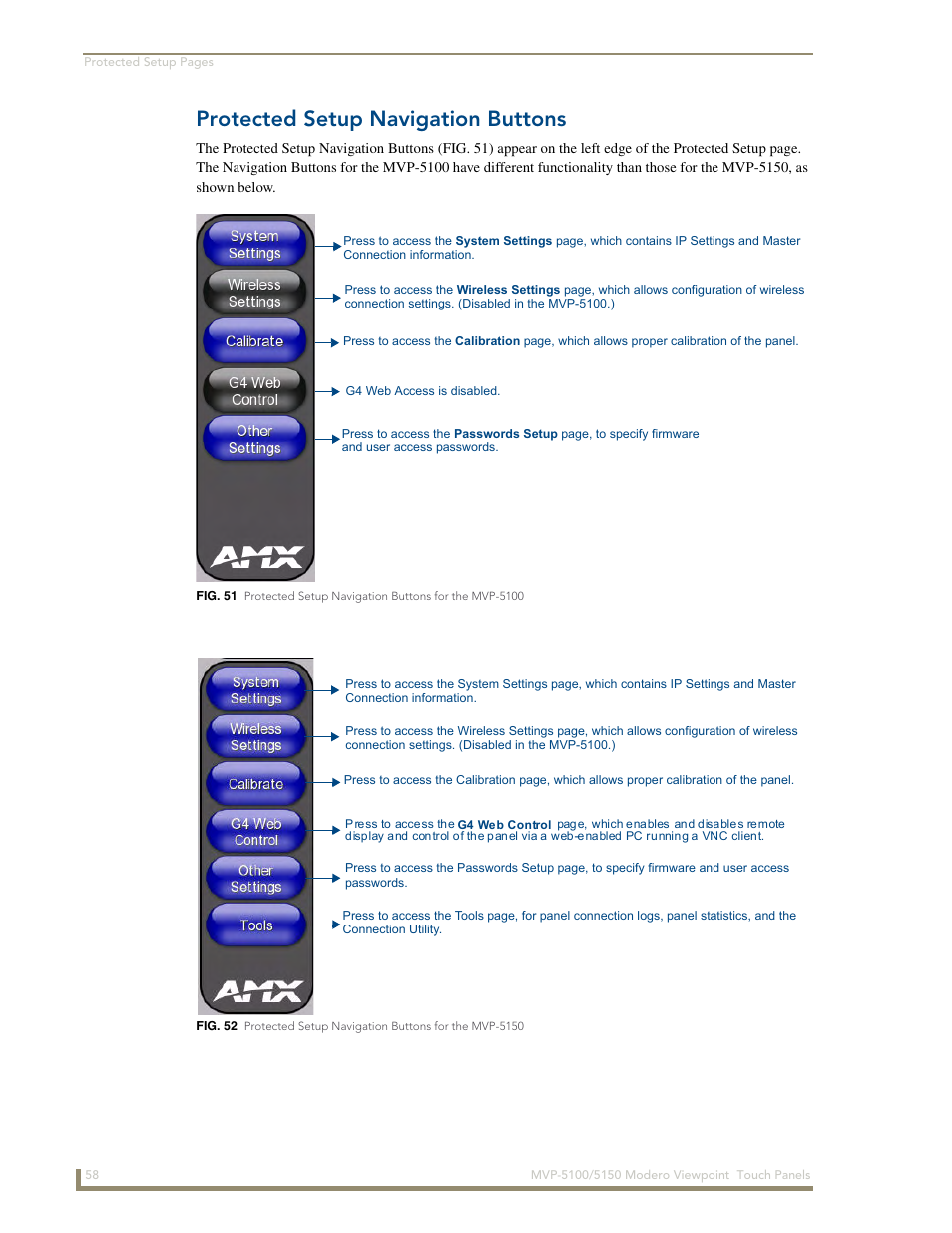 Protected setup navigation buttons | AMX MVP-5100 User Manual | Page 66 / 176