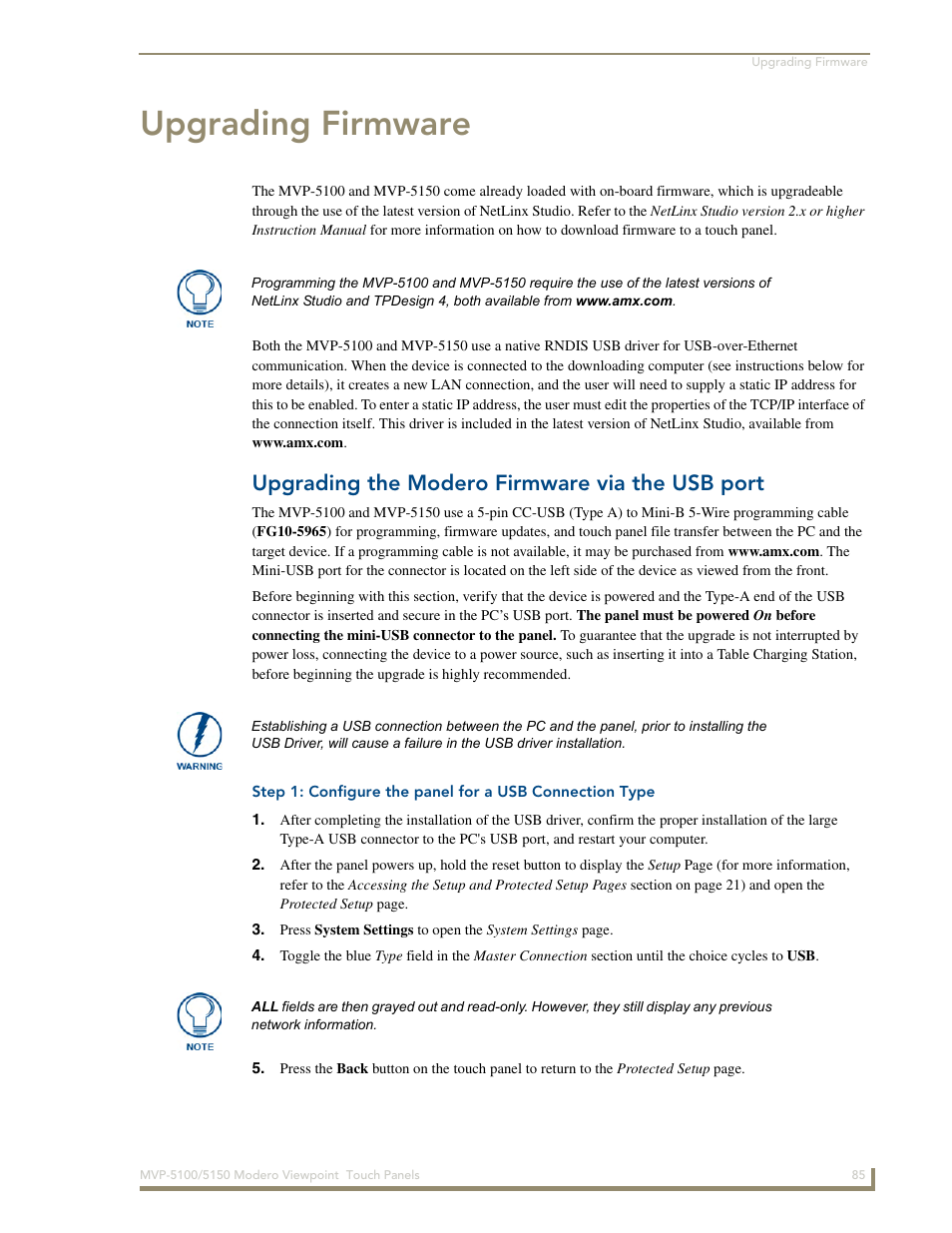 Upgrading firmware, Upgrading the modero firmware via the usb port | AMX MVP-5100 User Manual | Page 93 / 176