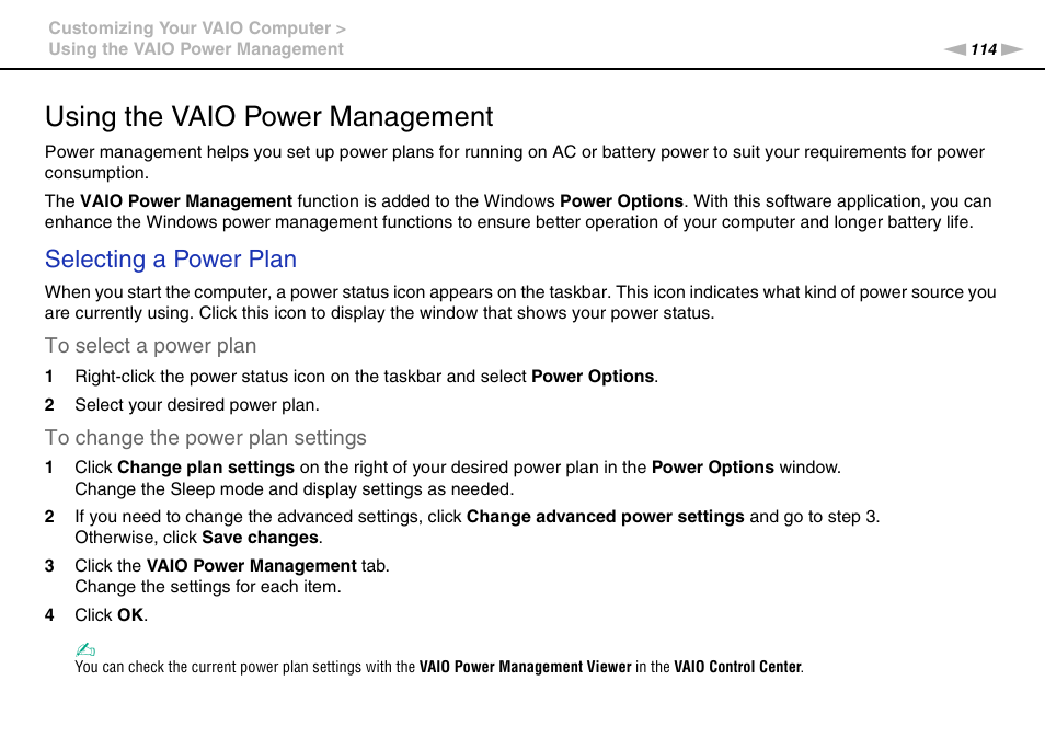 Using the vaio power management, Selecting a power plan | Sony VPCS111FM User Manual | Page 114 / 185