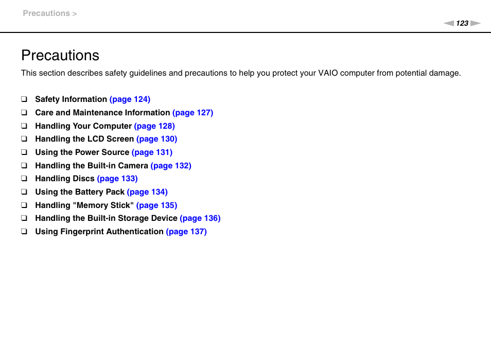 Precautions | Sony VPCS111FM User Manual | Page 123 / 185