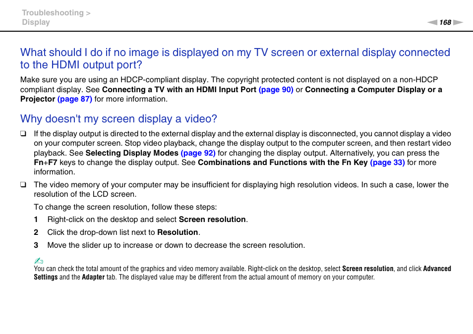 Why doesn't my screen display a video | Sony VPCS111FM User Manual | Page 168 / 185