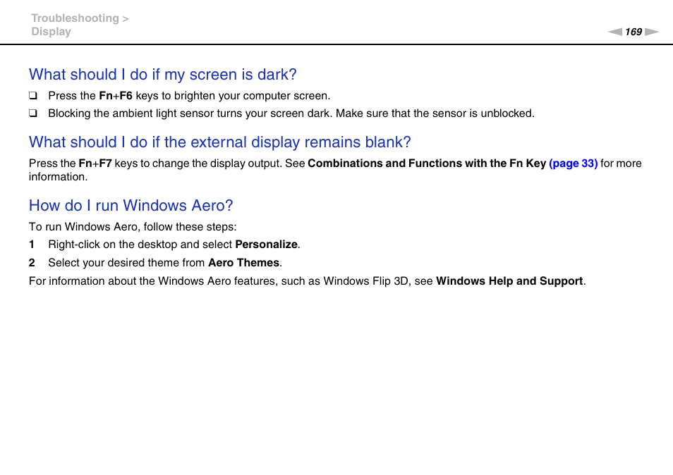 What should i do if my screen is dark, How do i run windows aero | Sony VPCS111FM User Manual | Page 169 / 185