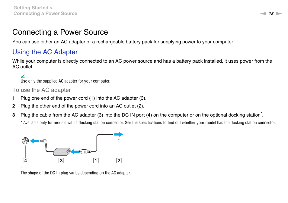 Connecting a power source, Using the ac adapter | Sony VPCS111FM User Manual | Page 18 / 185